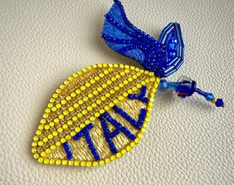 Crystal Lemon Brooch inscribed “Italia”. Blue Yellow Summer Citrus Fruit Pin