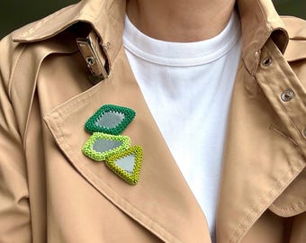 Green Beaded Brooch with Mirror Cabochon. Unusual Geometric Statement Accessory. Gift for Psychologist