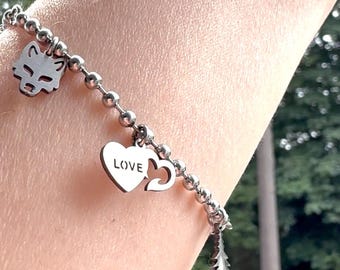 Vampire Wolf Charm Bracelet, Stainless Steel Gothic Romance Jewelry, Moon Heart Fandom Gift