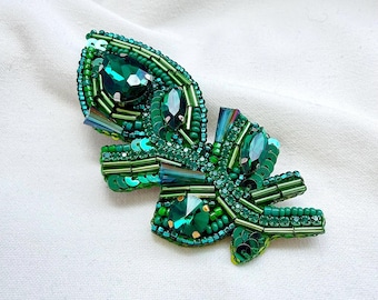 Emerald Beaded Leaf Brooch: Rhinestones and Sequins Botanical Pin