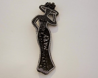 Beaded Lady Brooch - Personalized Name Jewelry, Elegant Black Silhouette Pin with Hat