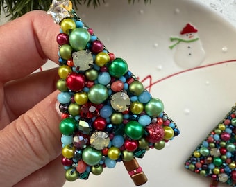 Beaded Christmas Tree Brooch: Embroidered Christmas Tree Pin. Secret Santa Gift, Unique Holiday Gift