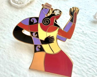 Vintage USPS Let's Dance Mambo Enamel Brooch, Colorful Cubism Latin Dance Couple Pin