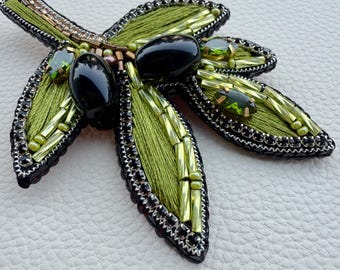 Hand Embroidered Olive Leaf Brooch: Agate & Zircon Botanical Beadwork Pin