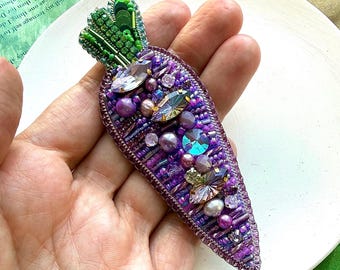 Handmade Beaded Carrot Brooch, Purple Crystal Vegetable Pin, Cottage Core Jewelry