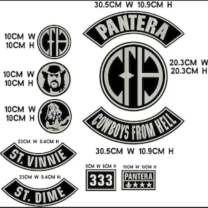 May include: A set of nine embroidered patches featuring various band logos and names, including "Pantera", "Cowboys From Hell", "CFH", "St. Vinnie", "St. Dime", and "333". The patches are black, white, and gray with silver stitching.