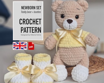 Newborn Set crochet pattern, Teddy bear & Booties, Amigurumi toy DIY, Digital crochet pattern, DIY crochet