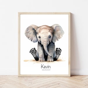 Huella de animal de bebé personalizada, recuerdo de elefante para recién nacido, decoración de pared de guardería, regalo de baby shower, impresión de estadísticas de nacimiento, arte de recuerdo para recién nacidos