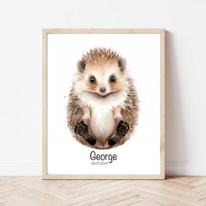 Huella de animal de bebé personalizada, recuerdo de erizo para recién nacido, decoración de pared de guardería, regalo de baby shower, impresión de estadísticas de nacimiento, arte de recuerdo para recién nacido