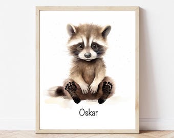 Personalised baby animal footprint, raccoon newborn keepsake, nursery wall decor, baby shower gift, birth stats print, newborn memory art