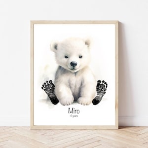 Huella de animal de bebé personalizada, recuerdo de oso polar para recién nacido, decoración de pared de guardería, regalo de baby shower, impresión de estadísticas de nacimiento, arte de recuerdo para recién nacidos