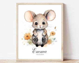 May include: A watercolor illustration of a cute gray mouse with black footprints, sitting in a field of orange flowers. The text "Emma 09.09.2024" is below the mouse.