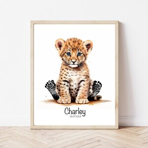 Huella de animal de bebé personalizada, recuerdo de leopardo para recién nacidos, decoración de pared de guardería, regalo de baby shower, impresión de estadísticas de nacimiento, arte de recuerdo para recién nacidos