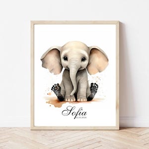 Huella de animal de bebé personalizada, recuerdo de elefante para recién nacido, decoración de pared de guardería, regalo de baby shower, impresión de estadísticas de nacimiento, arte de recuerdo para recién nacidos