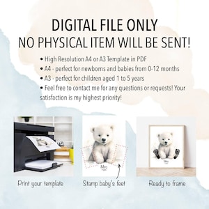 May include: A digital printable template for a baby's footprint art. The template features a polar bear illustration and the text "Miro 4 years". The image shows a printer, a hand stamping a foot onto the template, and a framed print.