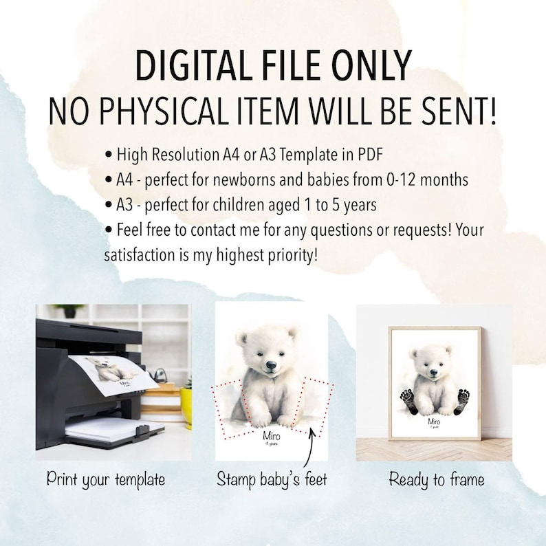 May include: A digital printable template for a baby's footprint art. The template features a polar bear illustration and the text "Miro 4 years". The image shows a printer, a hand stamping a foot onto the template, and a framed print.