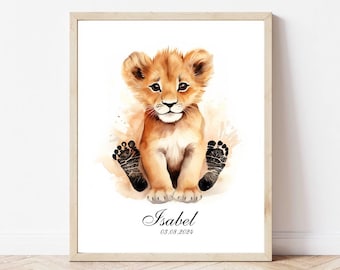 Personalised baby animal footprint, lion newborn keepsake, nursery wall decor, baby shower gift, birth stats print, newborn memory art