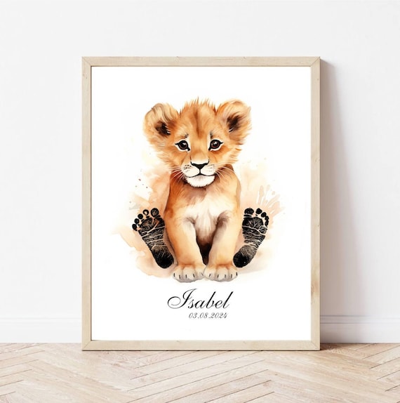 Personalised baby animal footprint, lion newborn keepsake, nursery wall decor, baby shower gift, birth stats print, newborn memory art