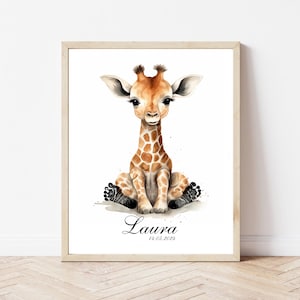 Personalisierter Baby Tier Fußabdruck, Giraffe Neugeborenen Andenken, Kinderzimmer Wand Dekor, Baby-Dusche-Geschenk, Geburt Statistik Druck, Neugeborenen Erinnerung Kunst