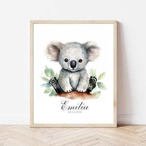 Huella de animal de bebé personalizada, recuerdo de niña koala recién nacida, decoración de pared de guardería, regalo de baby shower, impresión de estadísticas de nacimiento, arte de recuerdo para recién nacidos