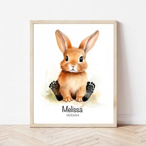 Huella de animal de bebé personalizada, recuerdo de conejito recién nacido, decoración de pared de guardería, regalo de baby shower, impresión de estadísticas de nacimiento, arte de recuerdo para recién nacidos