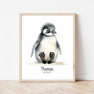 Personalised baby animal footprint, penguin newborn keepsake, nursery wall decor, baby shower gift, birth stats print, newborn memory art