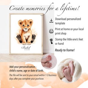 May include: A printable template featuring a watercolor illustration of a lion cub with paw prints. The template is personalized with the name "Isabel" and the date "03.08.2024".