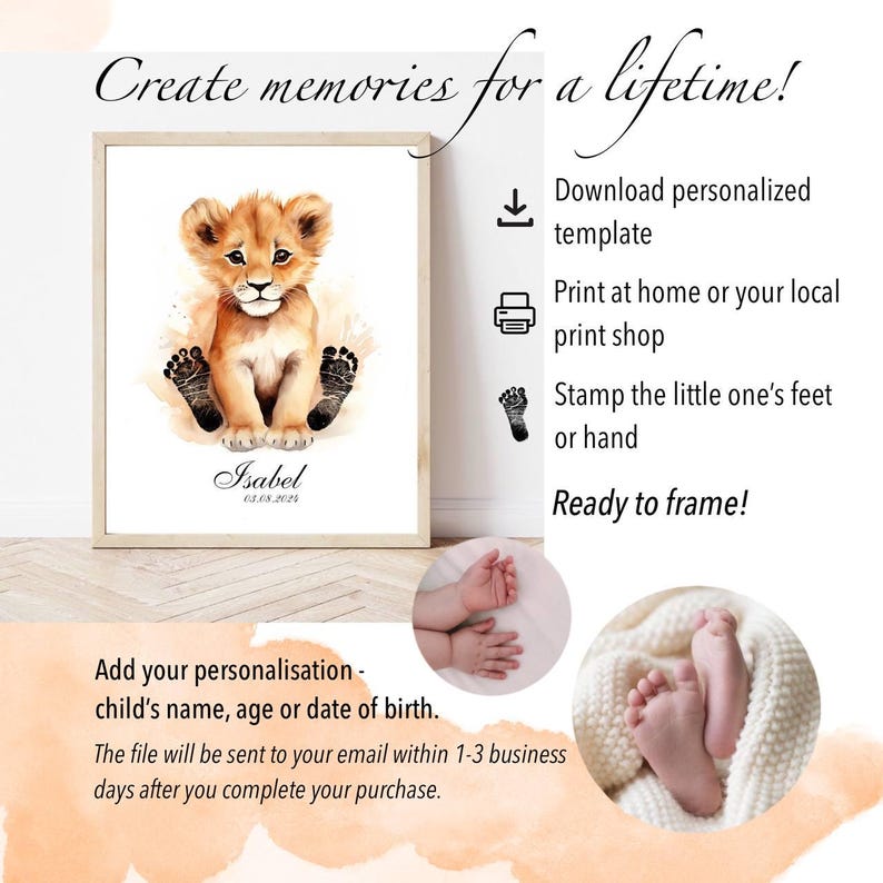 May include: A printable template featuring a watercolor illustration of a lion cub with paw prints. The template is personalized with the name "Isabel" and the date "03.08.2024".