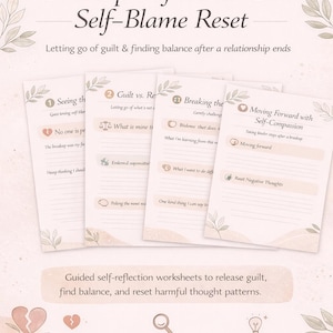 Puede incluir: Cuaderno de trabajo imprimible titulado "Breakup Reflection & Self-Blame Reset". Las hojas de trabajo guían la autorreflexión para liberar la culpa, ganar perspectiva y restablecer patrones de pensamiento dañinos. Diseño suave con detalles florales.