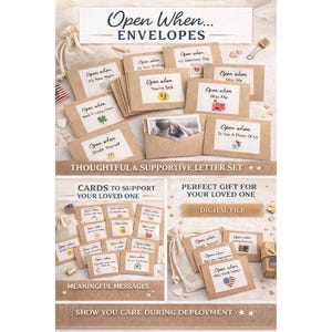 Può includere: Un set di buste in carta kraft con la scritta "Open When..." e messaggi come "It's Your Birthday" e "Miss Me". Il set include biglietti e un file digitale, un regalo premuroso.