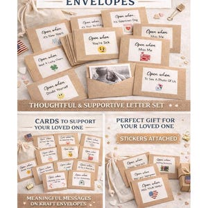 May include: A collection of kraft paper envelopes with various messages, such as "Open When It's Your Birthday" and "Open When You're Sick." The set includes stickers and small drawstring bags. The text reads "Thoughtful & Supportive Letter Set."