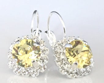 Lemon Yellow Swarovski Crystals Framed with Clear Halo Crystals on Silver Lever Back Earrings, Crystal Halo Dangles