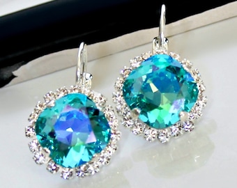 Light Turquoise Glacier Blue Swarovski Crystals with Halo Crystals on Silver Leverback Earrings