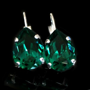 Emerald Teardrop Crystal Earrings, Emerald Crystal Dangle Earrings, Green Crystal Silver Drop Earrings, Green Silver Crystal Earrings