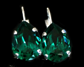 Crystal Drop Earrings, Emerald Crystal Teardrop Earrings, Green Crystal Drop Earrings, Swarovski Crystal Emerald Earrings, Gift for Her