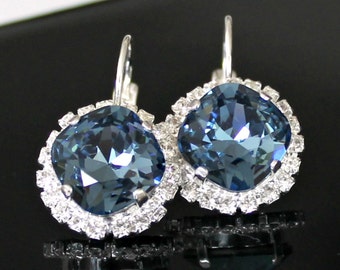 Sapphire Blue Swarovski Crystals Framed with Halo Crystals on Silver Leverback Earrings/Halo Crystal Earrings
