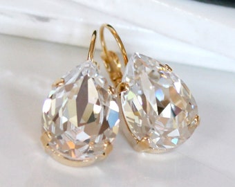 Swarovski Crystal Teardrop  Earrings, Gold Crystal Drop Earrings, Gold Crystal Earrings, Bridal Jewelry