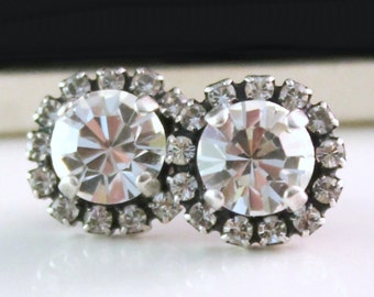 Brilliant Swarovski Crystals Framed with Clear Halo Crystals on Antique Silver Post Earrings
