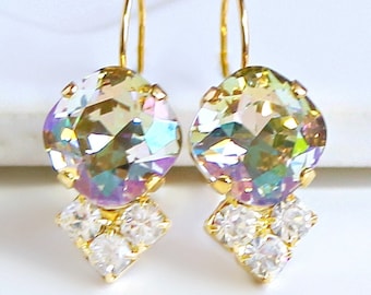 Luminous Green Swarovski Crystals with Three Brilliant Clear Crystals on Gold Leverback Earrings