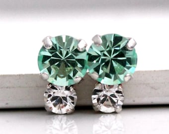 Pale Green and Clear Crystal Earrings, Light Green Post Earrings, Dainty Stud Earrings, Minimalist Earrings, Gift for Her