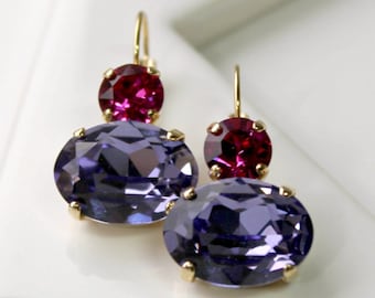 Purple & Fuchsia Swarovski Crystal Gold Dangle Earrings, Purple and Pink Crystal Drop Earrings in Gold