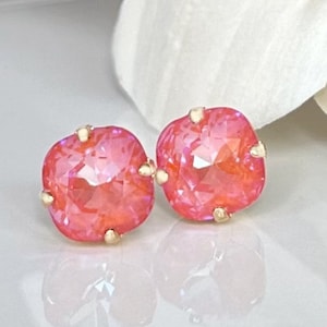 Gold Stud Earrings, Orange Crystal Earrings, Orange Square Stud Earrings, Bright Coral Crystal Studs,  Dainty Crystal Post Earrings