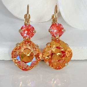 Yellow Orange Crystal Drop Earrings, Multi Crystal Gold Earrings, Colorful Rhinestone Earrings, Festive Crystal Earrings, Gift for Her