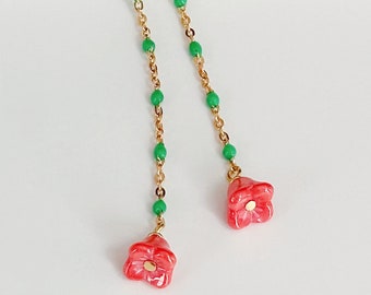 Gold and Green Enamel Drop Earrings with Orange Crystal Flowers, Gold Shoulder Duster Earrings, Gold Drop Earrings, Flower Jewelry