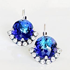 Bermuda Blue Crystals with a Half Halo of Crystals on Antique Silver Lever Back Earrings