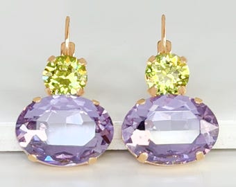 Violet & Citrus Green Swarovski Crystal Earrings, Oval Crystal Dangle Earrings