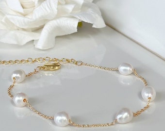 Genuine Pearl Bracelet, Real Freshwater Pearl Bracelet, Gold Single Chain Pearl Bracelet, Chain Pearl Bracelet, Bridal Pearl Bracelet