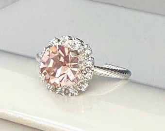 Vintage Rose and Clear Swarovski Crystal Silver Ring, Pink Crystal, and Clear Halo Silver Adjustable Ring, Vintage Looking Bridal Jewelry