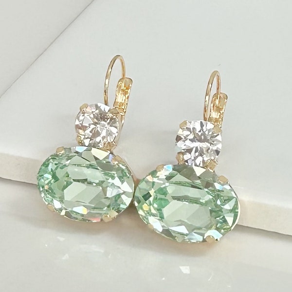 Pale Green Swarovski Crystal Drop Earrings, Green Ovals with Clear Crystals on Top, Dangle Earrings in Gold, Crystal Drop Earrings in Gold