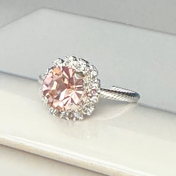 Vintage Rose and Clear Swarovski Crystal Silver Ring, Pink Crystal, and Clear Halo Silver Adjustable Ring, Vintage Looking Bridal Jewelry